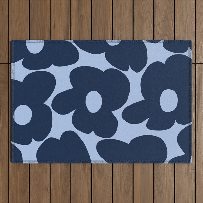 Large Dark Blue Retro Flowers Baby Blue Background #decor #society6 #buyart Outdoor Rug Gallery Image 1