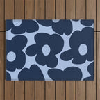 Large Dark Blue Retro Flowers Baby Blue Background #decor #society6 #buyart Outdoor Rug Gallery Image 1