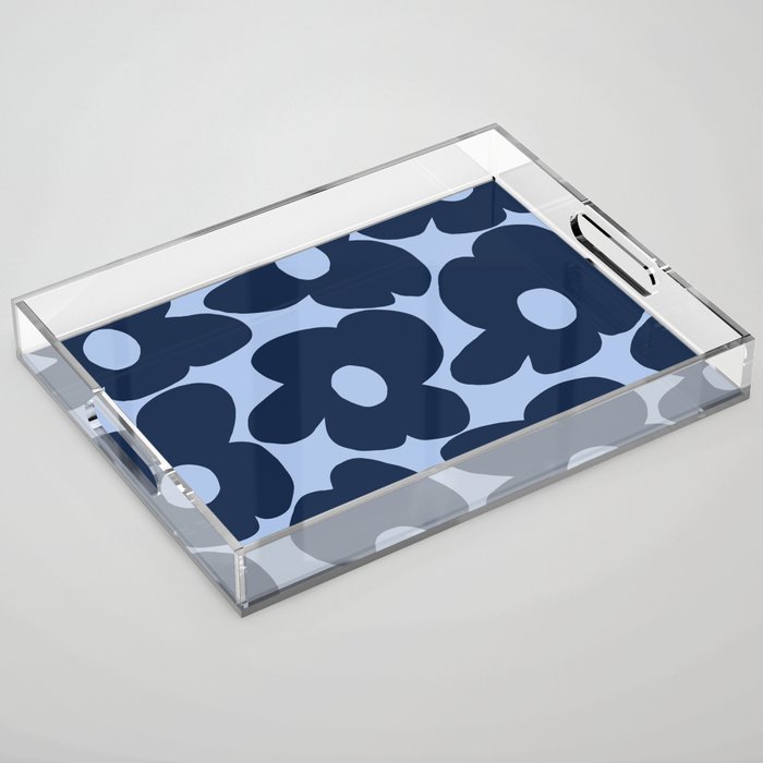 Large Dark Blue Retro Flowers Baby Blue Background #decor #society6 #buyart Acrylic Tray Gallery Image 1