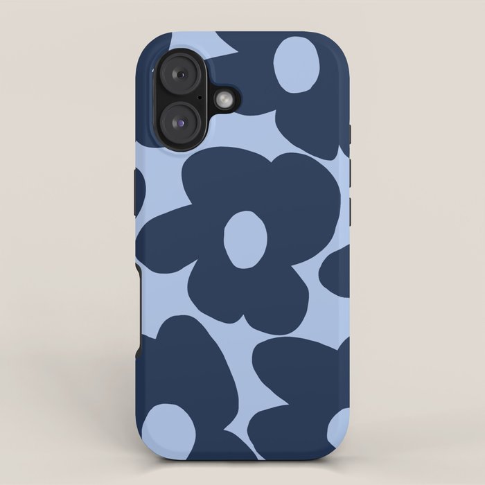 Large Dark Blue Retro Flowers Baby Blue Background #decor #society6 #buyart iPhone Case Gallery Image 1