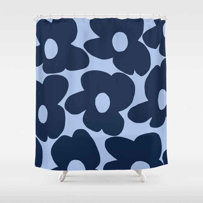 Large Dark Blue Retro Flowers Baby Blue Background #decor #society6 #buyart Shower Curtain Gallery Image 1