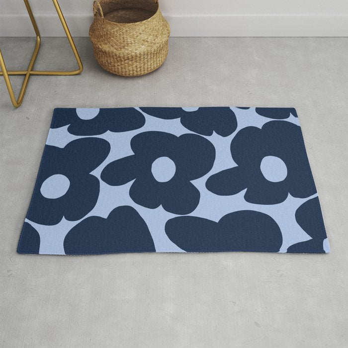Large Dark Blue Retro Flowers Baby Blue Background #decor #society6 #buyart Rug Gallery Image 1