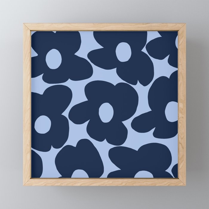 Large Dark Blue Retro Flowers Baby Blue Background #decor #society6 #buyart Mini Art Print Gallery Image 1