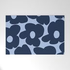 Large Dark Blue Retro Flowers Baby Blue Background #decor #society6 #buyart Welcome Mat Gallery Image 1