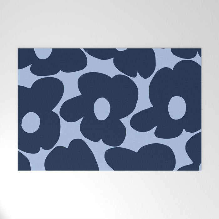 Large Dark Blue Retro Flowers Baby Blue Background #decor #society6 #buyart Welcome Mat Gallery Image 1