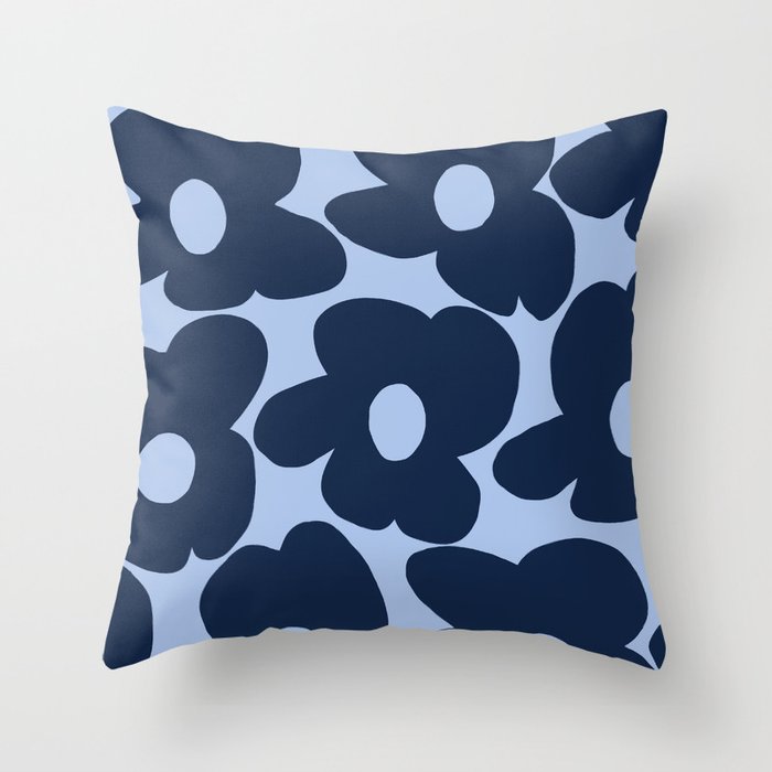Large Dark Blue Retro Flowers Baby Blue Background #decor #society6 #buyart Throw Pillow Gallery Image 1