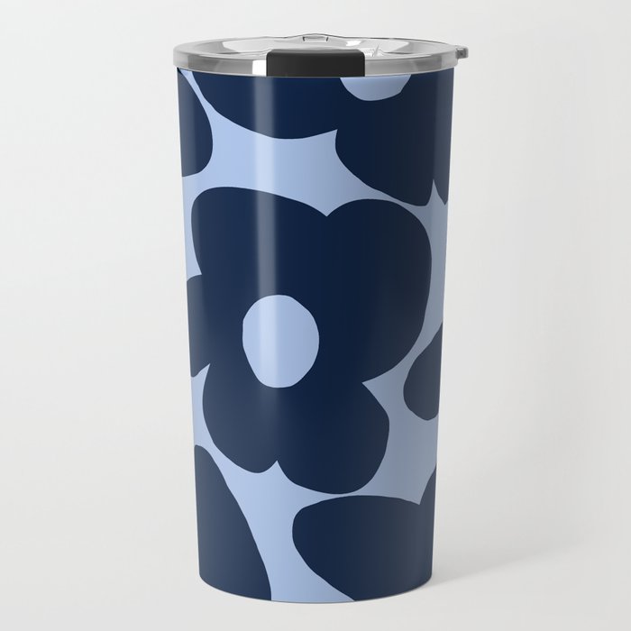 Large Dark Blue Retro Flowers Baby Blue Background #decor #society6 #buyart Travel Mug Gallery Image 1