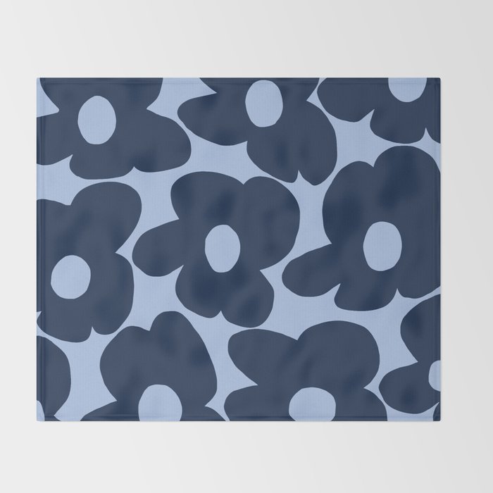 Large Dark Blue Retro Flowers Baby Blue Background #decor #society6 #buyart Throw Blanket Gallery Image 2