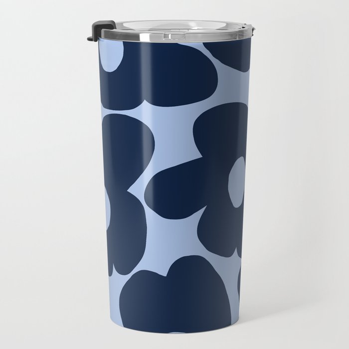 Large Dark Blue Retro Flowers Baby Blue Background #decor #society6 #buyart Travel Mug Gallery Image 3