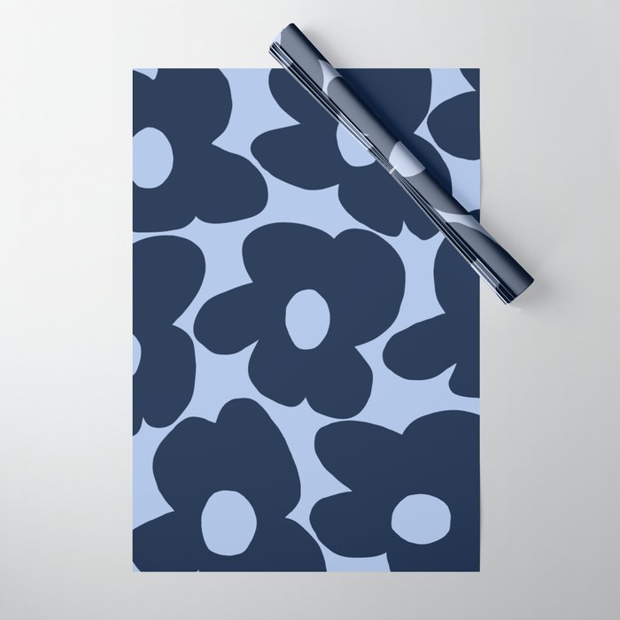 Large Dark Blue Retro Flowers Baby Blue Background #decor #society6 #buyart Wrapping Paper Gallery Image 1