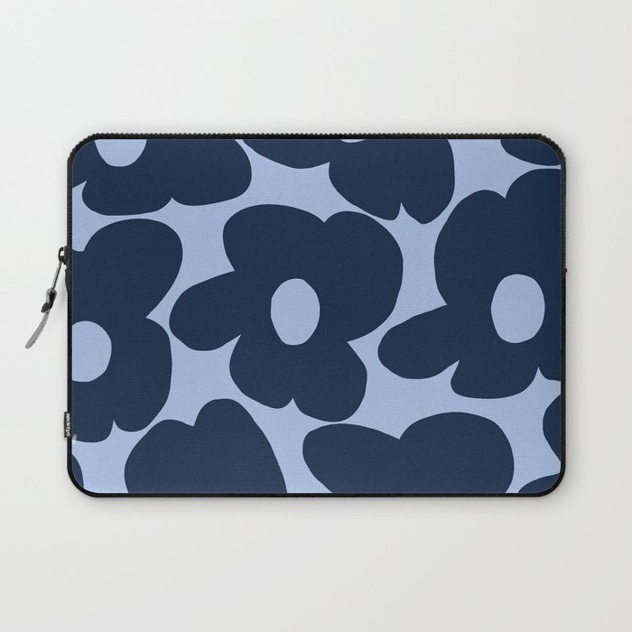 Large Dark Blue Retro Flowers Baby Blue Background #decor #society6 #buyart Laptop Sleeve Gallery Image 1