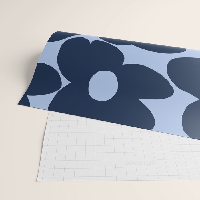 Large Dark Blue Retro Flowers Baby Blue Background #decor #society6 #buyart Wrapping Paper Gallery Image 2