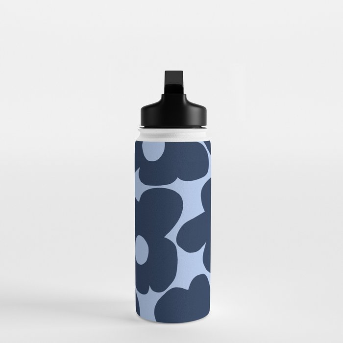 Large Dark Blue Retro Flowers Baby Blue Background #decor #society6 #buyart Water Bottle Gallery Image 3