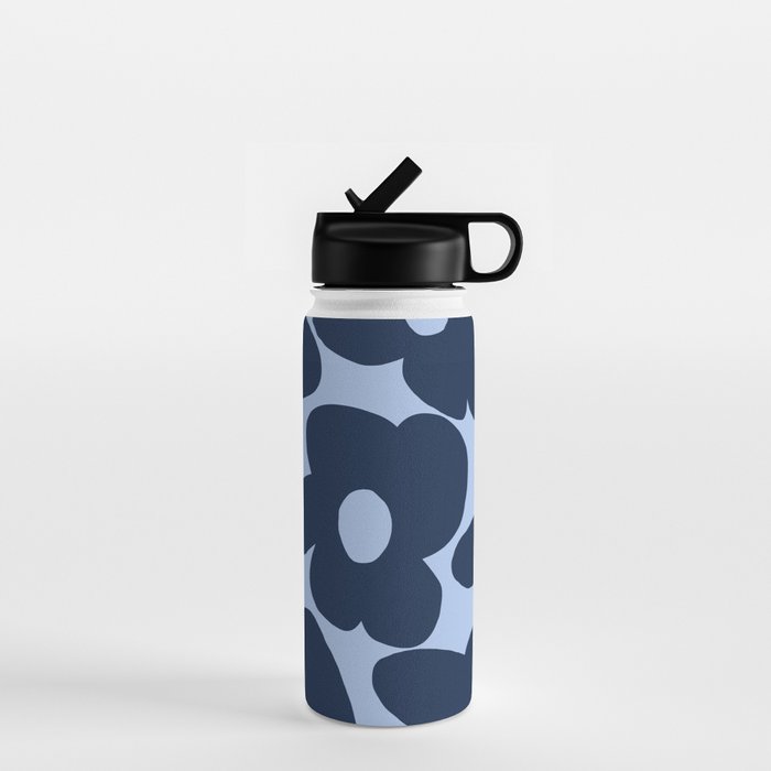 Large Dark Blue Retro Flowers Baby Blue Background #decor #society6 #buyart Water Bottle Gallery Image 1