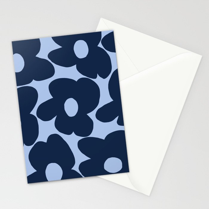 Large Dark Blue Retro Flowers Baby Blue Background #decor #society6 #buyart Stationery Card Gallery Image 2