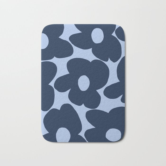 Large Dark Blue Retro Flowers Baby Blue Background #decor #society6 #buyart Bath Mat Gallery Image 1