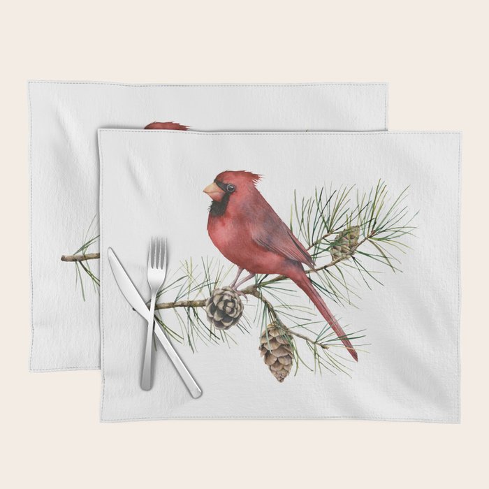 Christmas Red Cardinal Bird and Pine Watercolor Placemat Gallery Image 1
