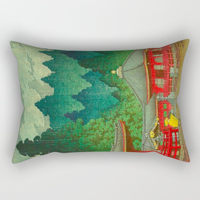 Vintage Japanese Woodblock Print Rainy Day At The Shinto Shrine Tall Pine trees Yellow Rain Coat Rectangular Pillow Gallery Image 1