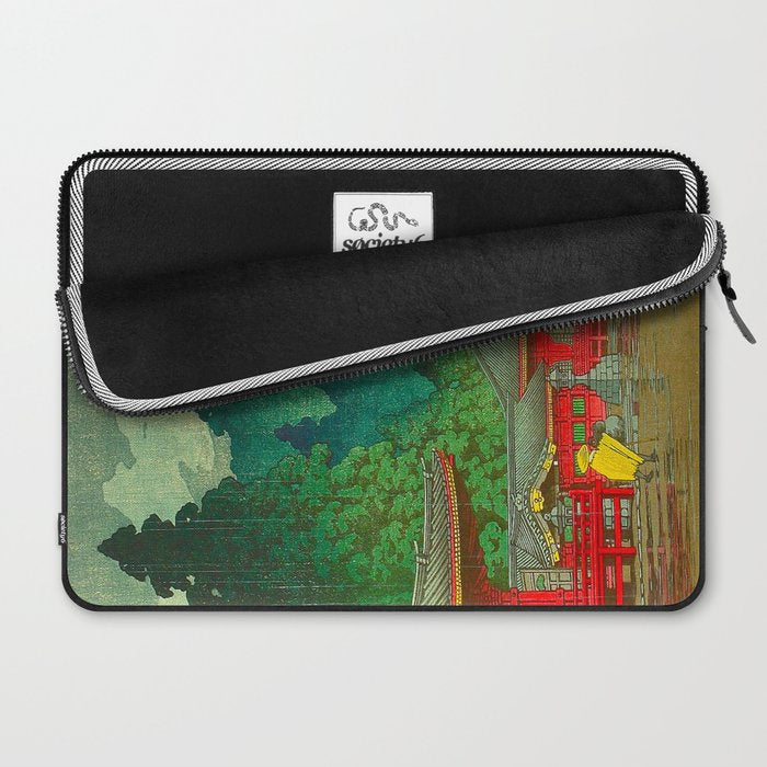 Vintage Japanese Woodblock Print Rainy Day At The Shinto Shrine Tall Pine trees Yellow Rain Coat Laptop Sleeve Gallery Image 2