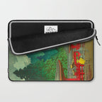 Vintage Japanese Woodblock Print Rainy Day At The Shinto Shrine Tall Pine trees Yellow Rain Coat Laptop Sleeve Gallery Image 2