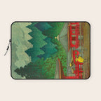 Vintage Japanese Woodblock Print Rainy Day At The Shinto Shrine Tall Pine trees Yellow Rain Coat Laptop Sleeve Gallery Image 1