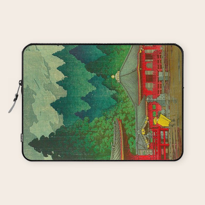 Vintage Japanese Woodblock Print Rainy Day At The Shinto Shrine Tall Pine trees Yellow Rain Coat Laptop Sleeve Gallery Image 1