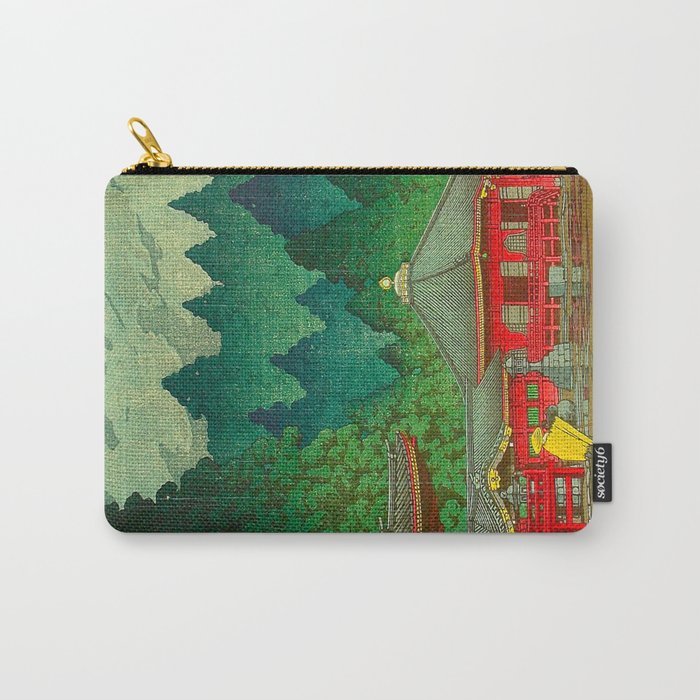 Vintage Japanese Woodblock Print Rainy Day At The Shinto Shrine Tall Pine trees Yellow Rain Coat Carry All Pouch Gallery Image 1