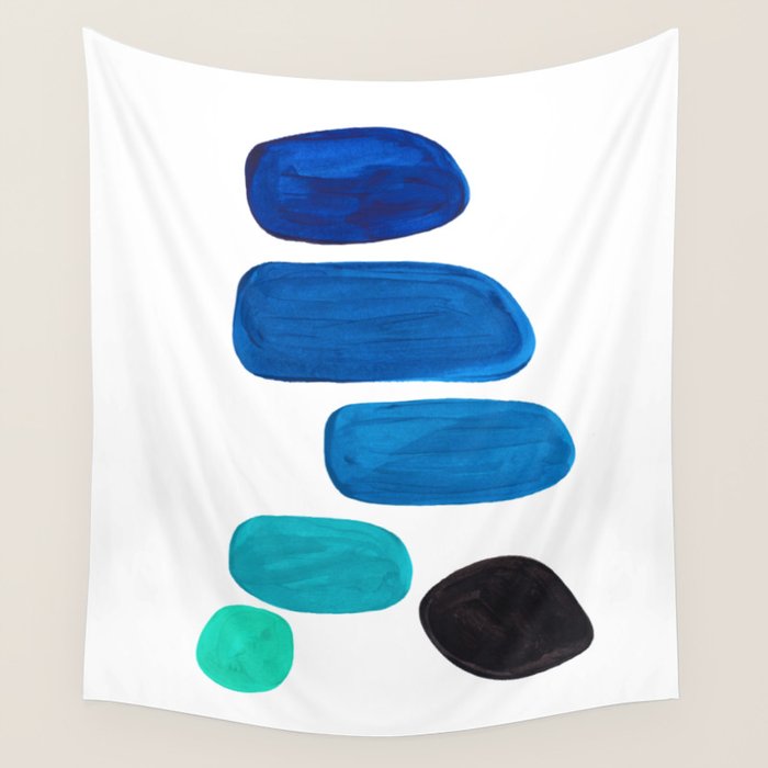 Colorful Mid Century Modern Pop Art Minimalist Style Teal Blue Aquamarine Bubbles White Background Wall Tapestry Gallery Image 1