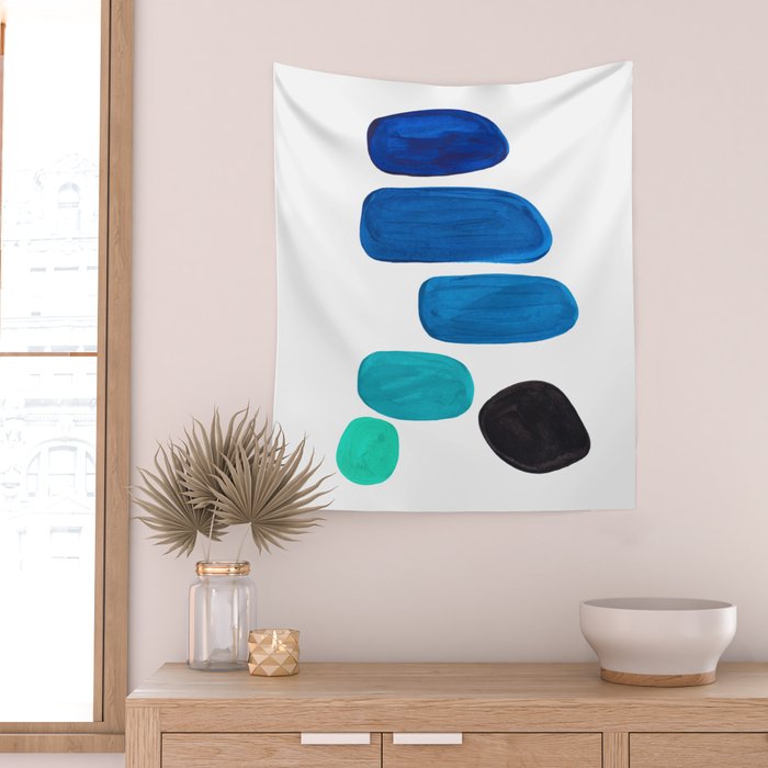 Colorful Mid Century Modern Pop Art Minimalist Style Teal Blue Aquamarine Bubbles White Background Wall Tapestry Gallery Image 2