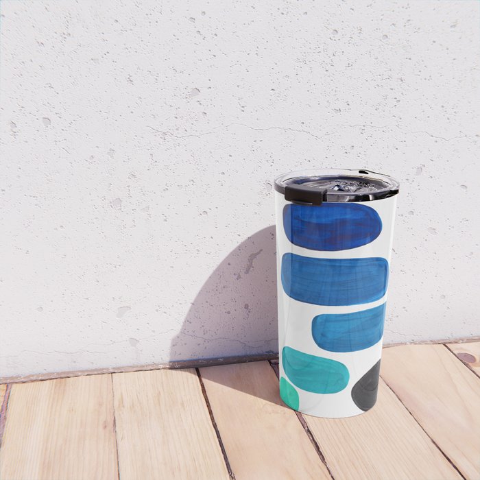Colorful Mid Century Modern Pop Art Minimalist Style Teal Blue Aquamarine Bubbles White Background Travel Mug Gallery Image 4