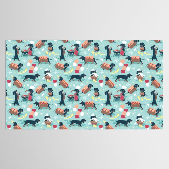 Hot dogs and lemonade // aqua background navy dachshunds Tablecloth Gallery Image 2