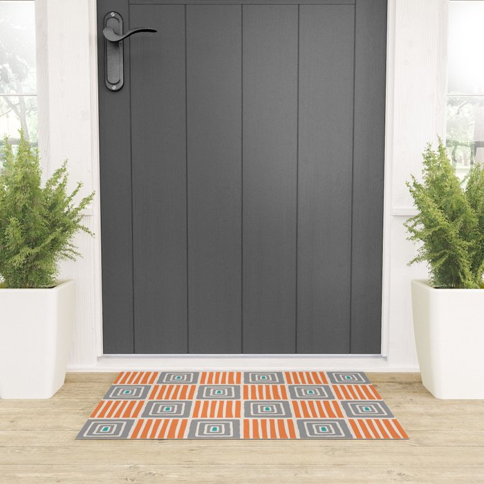 Retro Mid Century Modern Check Pattern 732 Turquoise Orange and Gray Welcome Mat Gallery Image 3