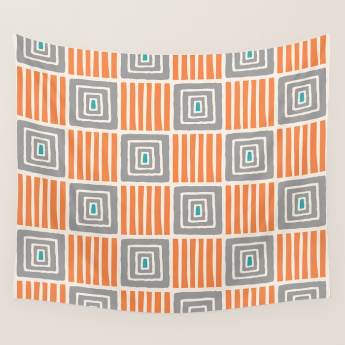 Retro Mid Century Modern Check Pattern 732 Turquoise Orange and Gray Wall Tapestry Gallery Image 1