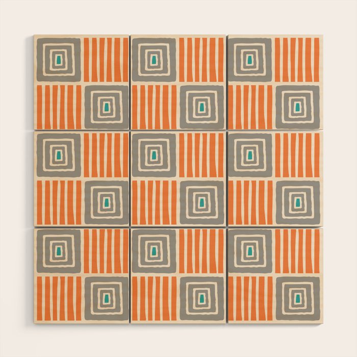 Retro Mid Century Modern Check Pattern 732 Turquoise Orange and Gray Wood Wall Art Gallery Image 1