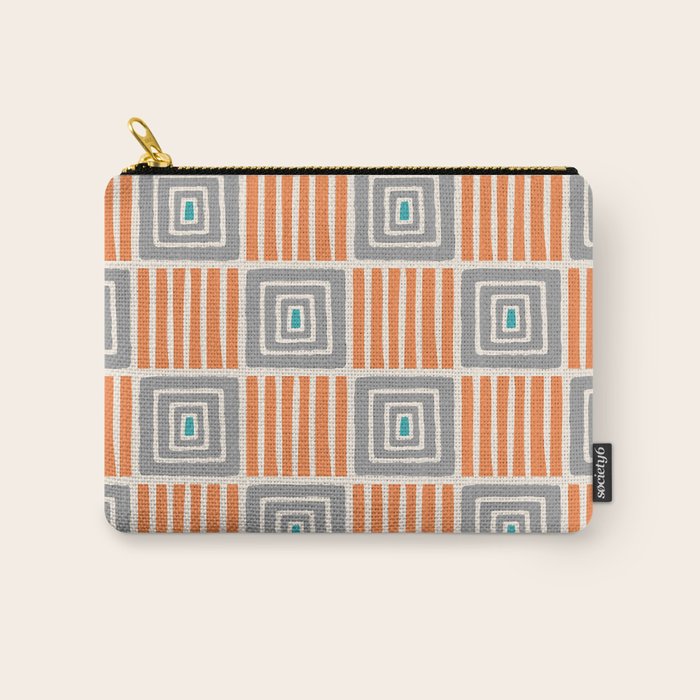 Retro Mid Century Modern Check Pattern 732 Turquoise Orange and Gray Carry All Pouch Gallery Image 1