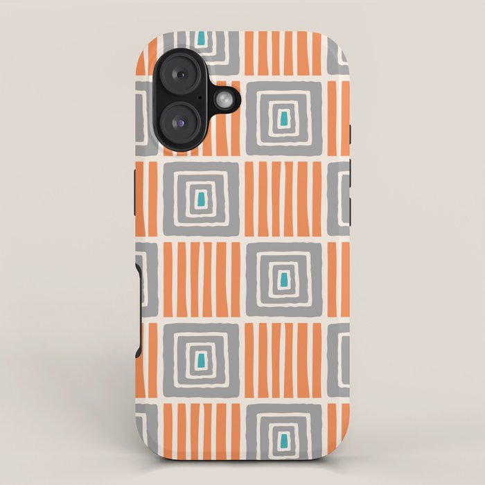 Retro Mid Century Modern Check Pattern 732 Turquoise Orange and Gray iPhone Case Gallery Image 1