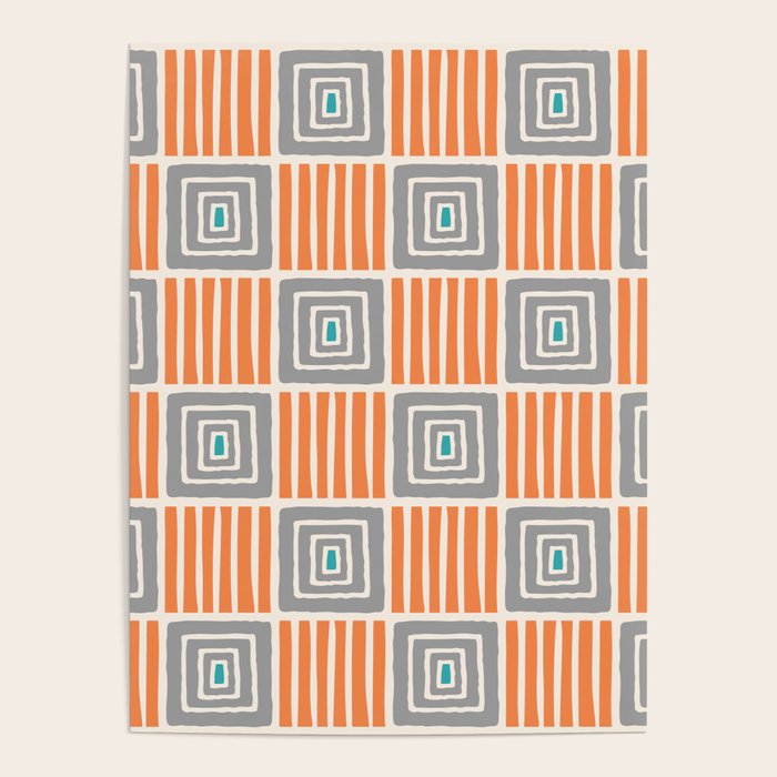 Retro Mid Century Modern Check Pattern 732 Turquoise Orange and Gray Poster Gallery Image 4