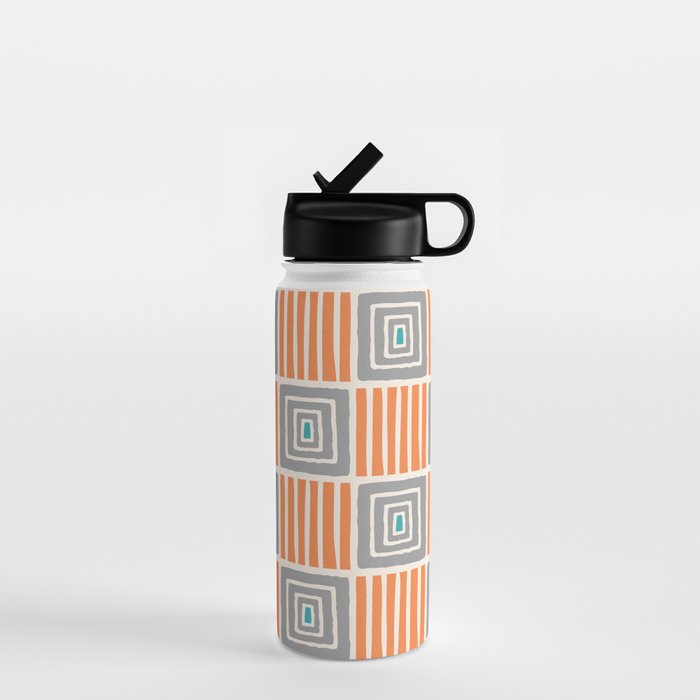 Retro Mid Century Modern Check Pattern 732 Turquoise Orange and Gray Water Bottle Gallery Image 1