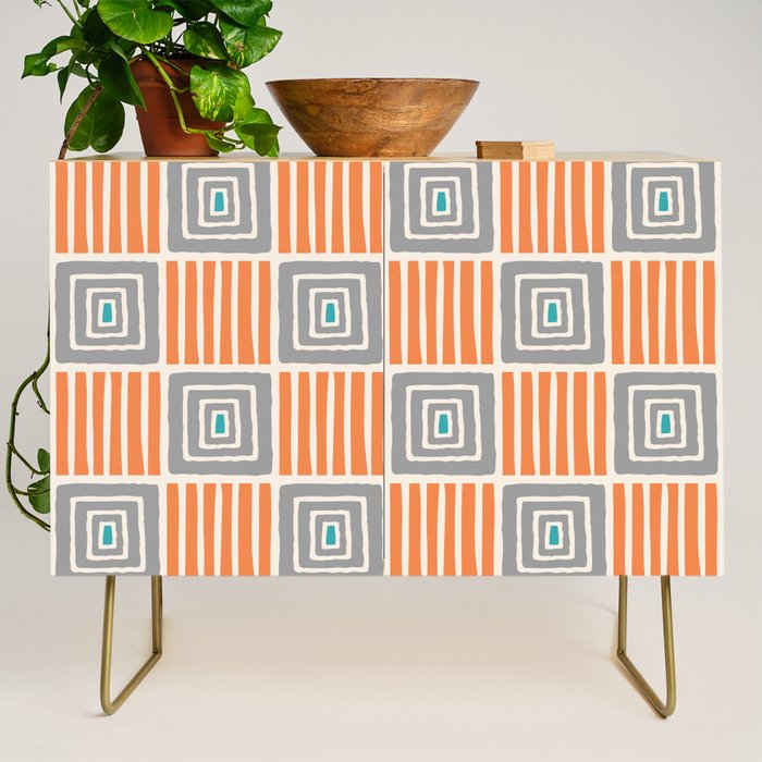 Retro Mid Century Modern Check Pattern 732 Turquoise Orange and Gray Credenza Gallery Image 1