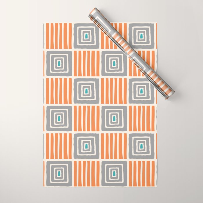 Retro Mid Century Modern Check Pattern 732 Turquoise Orange and Gray Wrapping Paper Gallery Image 1