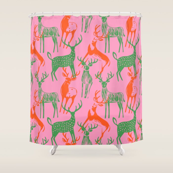 Vintage christmas deer animal art pattern Shower Curtain Gallery Image 1