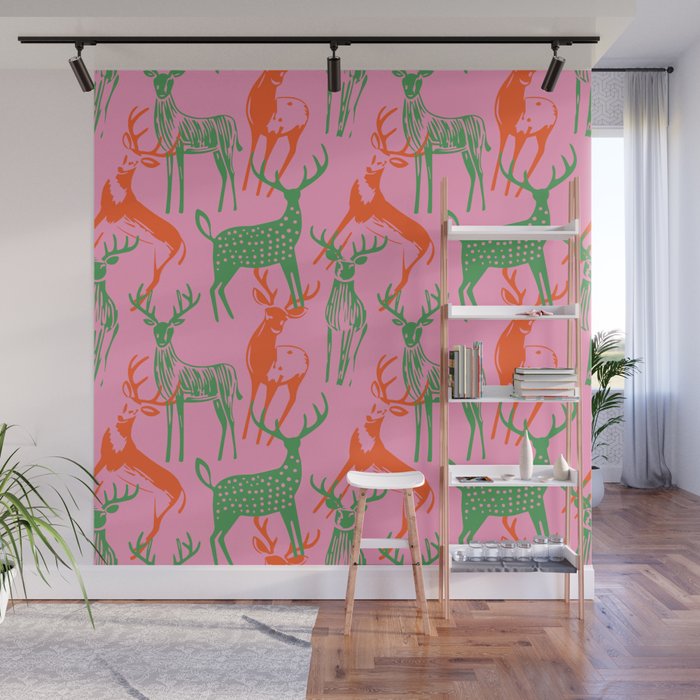 Vintage christmas deer animal art pattern Wall Mural Gallery Image 1