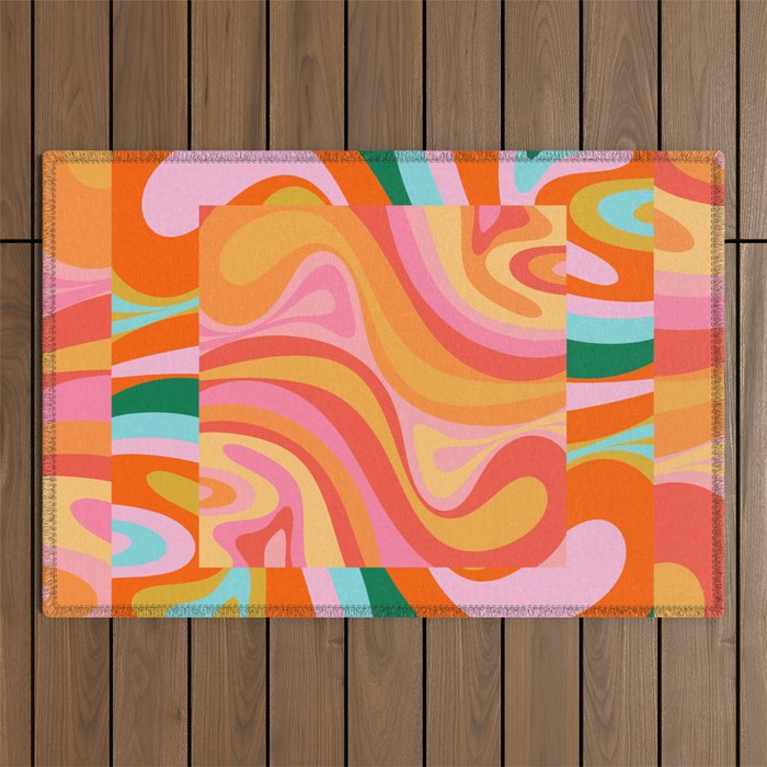 Super Trippy Retro Psychedelic Regress Multi Color Abstract Pattern Pink Orange Outdoor Rug Gallery Image 1