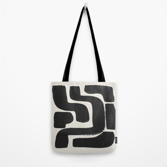 Black Ink Paint Brush Strokes Abstract Organic Pattern Mid Century Style Tote Bag Gallery Image 2