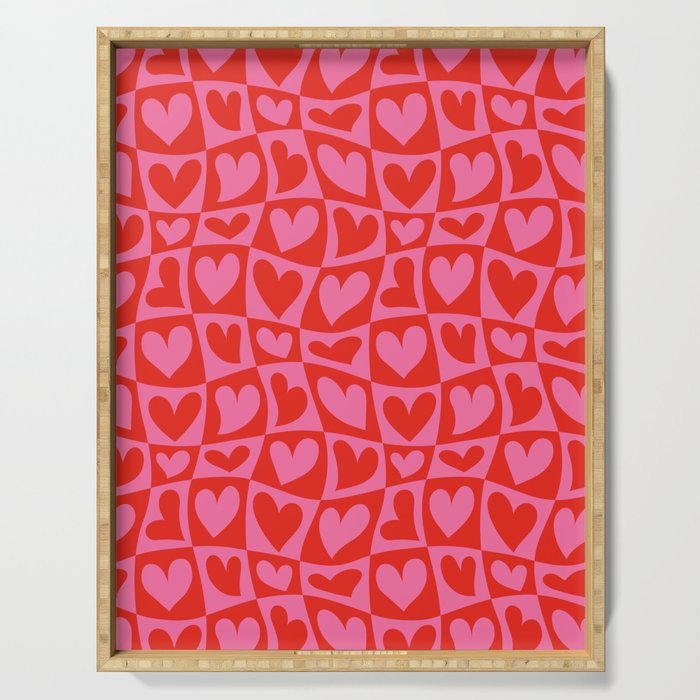 Red love heart checkered pattern Serving Tray Gallery Image 1
