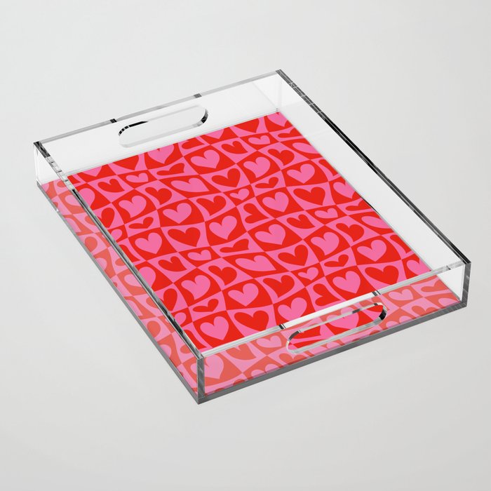 Red love heart checkered pattern Acrylic Tray Gallery Image 1