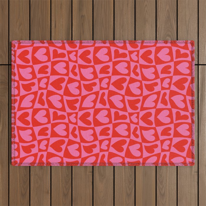 Red love heart checkered pattern Outdoor Rug Gallery Image 1