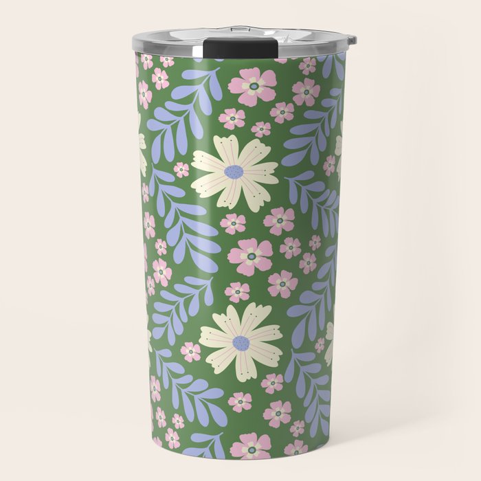 Whimsical Floral - Green, Blue, White and soft Pink Travel Mug Gallery Image 1