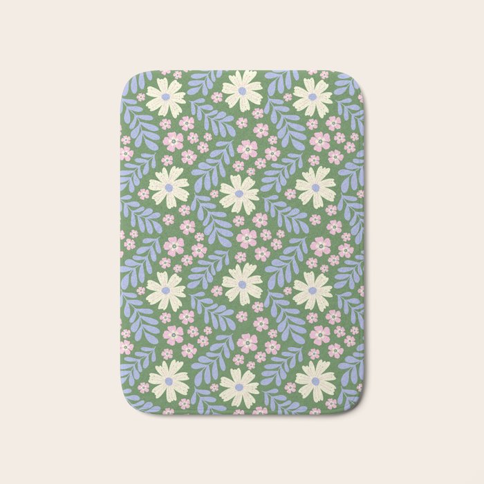 Whimsical Floral - Green, Blue, White and soft Pink Bath Mat Gallery Image 1