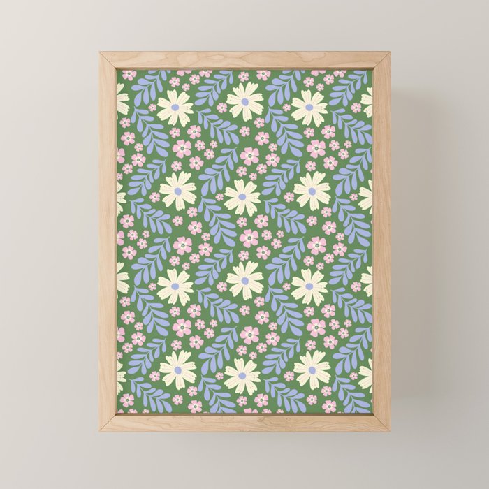 Whimsical Floral - Green, Blue, White and soft Pink Mini Art Print Gallery Image 1